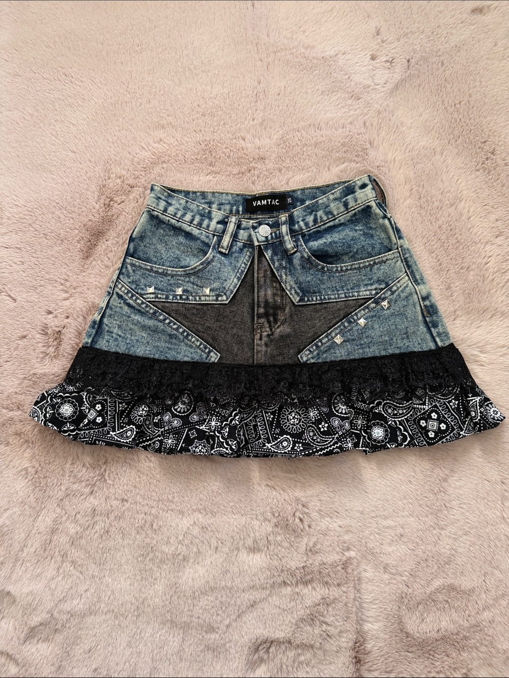 Y2k Custom Made Grunge Blue Denim Mini Skirt with Black Bandana Ruffle